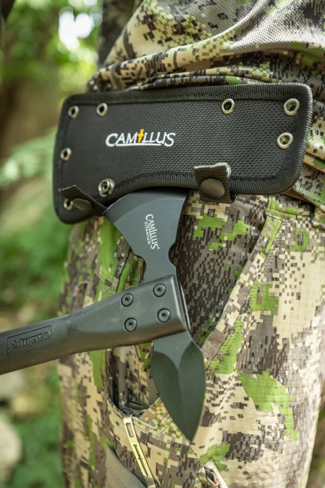The Camillus RAVENOUS Hatchet features a 2.75″ chopping blade on one side and a spike edge on the other. Both sides are made with hard, strong 420 steel which provides a good balance of the most desirable traits for knife steel, such as hardness and corrosion resistance. The 420 steel is also Titanium Bonded, making it 3x harder than untreated